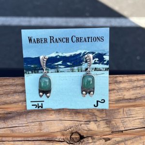 Mtorolite earrings on a wooden surface.